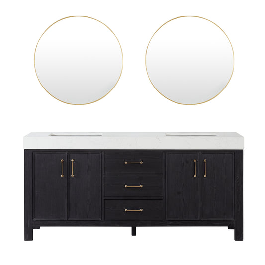 Vinnova, León 72in. Free-standing Double Bathroom Vanity in Fir Wood Black with Composite top in Lightning White and Mirror