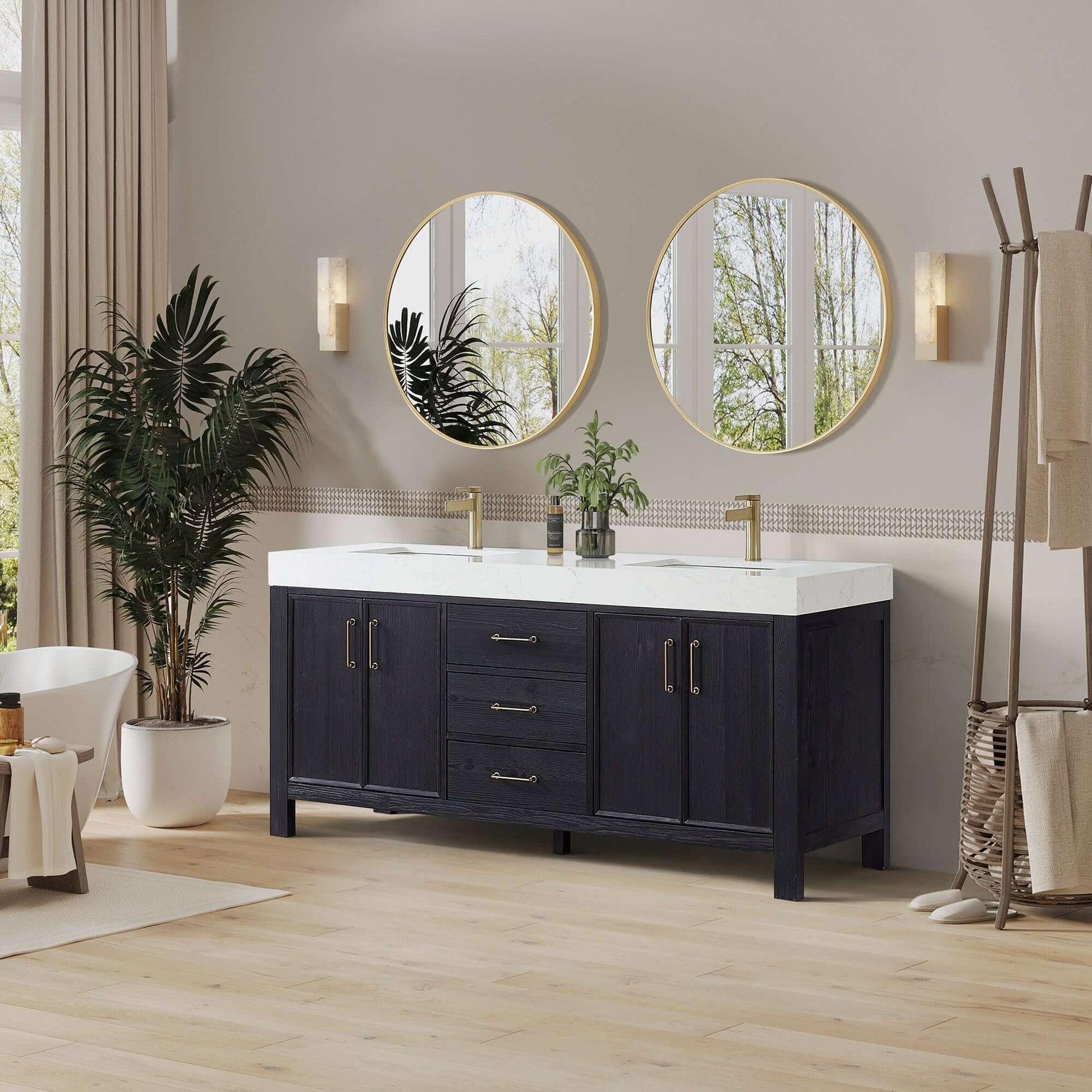 Vinnova, León 72in. Free-standing Double Bathroom Vanity in Fir Wood Black with Composite top in Lightning White and Mirror