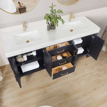 Vinnova, León 72in. Free-standing Double Bathroom Vanity in Fir Wood Black with Composite top in Lightning White and Mirror