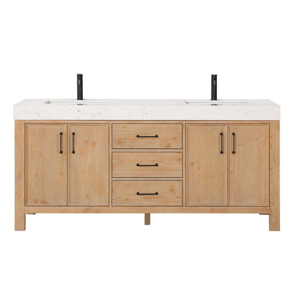 Vinnova, León 72in. Free-standing Double Bathroom Vanity in Fir Wood Brown with Composite top in Lightning White
