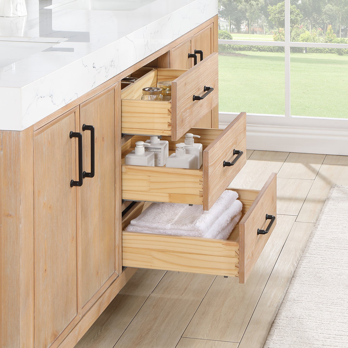 Vinnova, León 72in. Free-standing Double Bathroom Vanity in Fir Wood Brown with Composite top in Lightning White