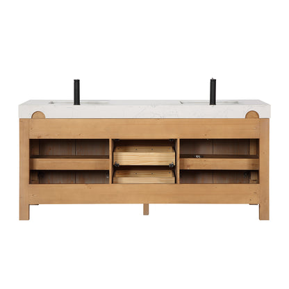 Vinnova, León 72in. Free-standing Double Bathroom Vanity in Fir Wood Brown with Composite top in Lightning White