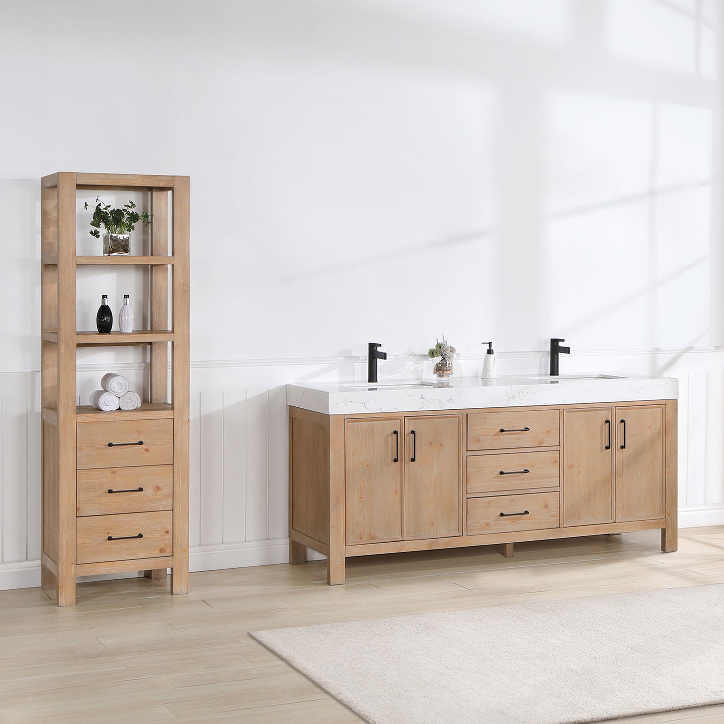 Vinnova, León 72in. Free-standing Double Bathroom Vanity in Fir Wood Brown with Composite top in Lightning White