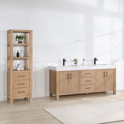 Vinnova, León 72in. Free-standing Double Bathroom Vanity in Fir Wood Brown with Composite top in Lightning White