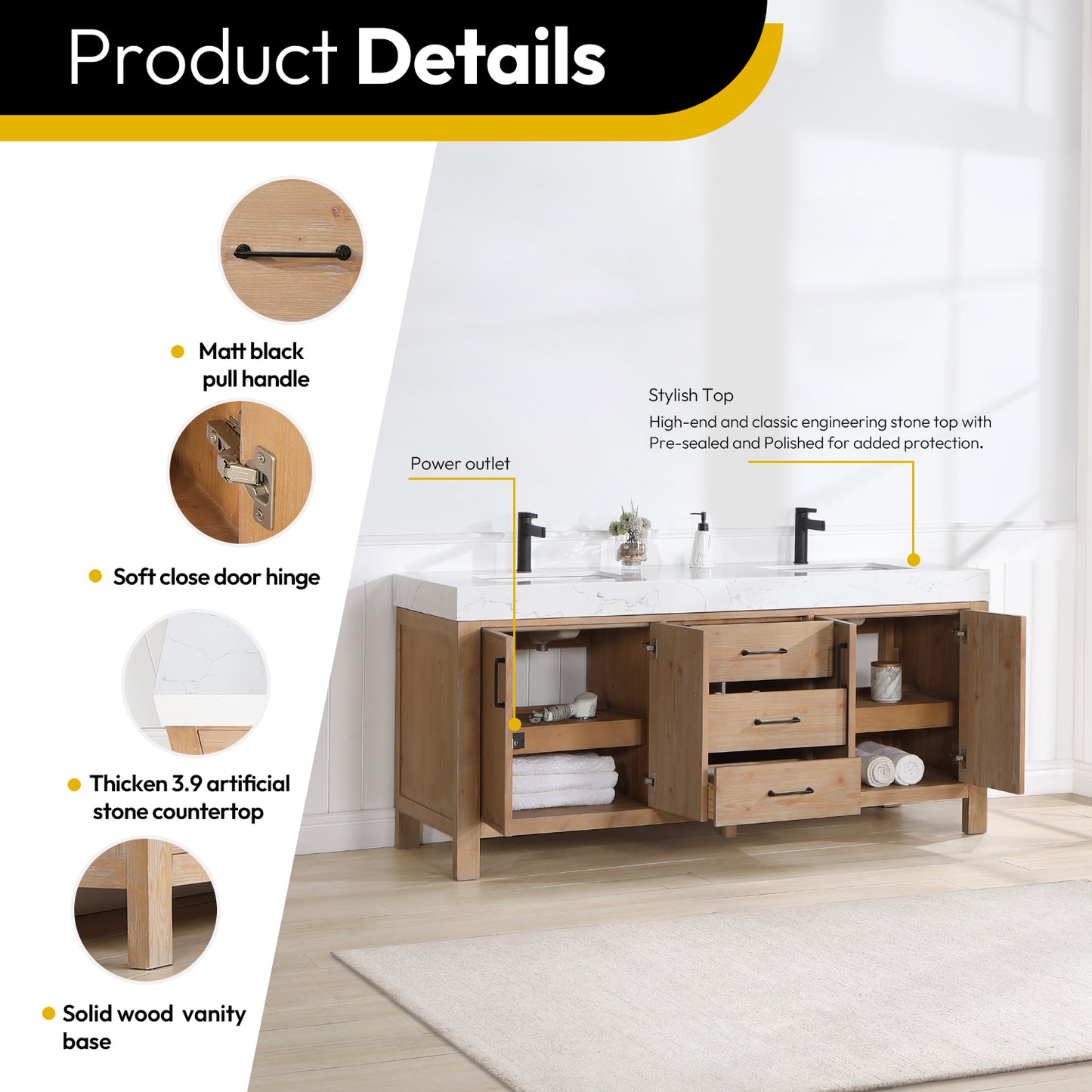 Vinnova, León 72in. Free-standing Double Bathroom Vanity in Fir Wood Brown with Composite top in Lightning White