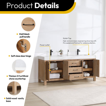 Vinnova, León 72in. Free-standing Double Bathroom Vanity in Fir Wood Brown with Composite top in Lightning White