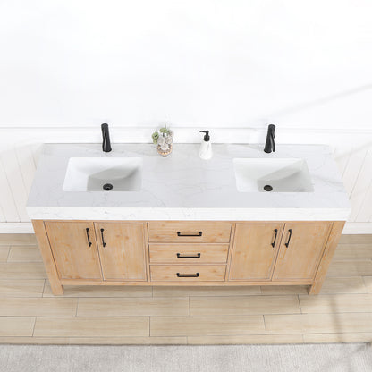 Vinnova, León 72in. Free-standing Double Bathroom Vanity in Fir Wood Brown with Composite top in Lightning White