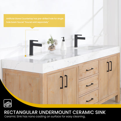 Vinnova, León 72in. Free-standing Double Bathroom Vanity in Fir Wood Brown with Composite top in Lightning White