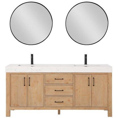 Vinnova, León 72in. Free-standing Double Bathroom Vanity in Fir Wood Brown with Composite top in Lightning White and Mirror