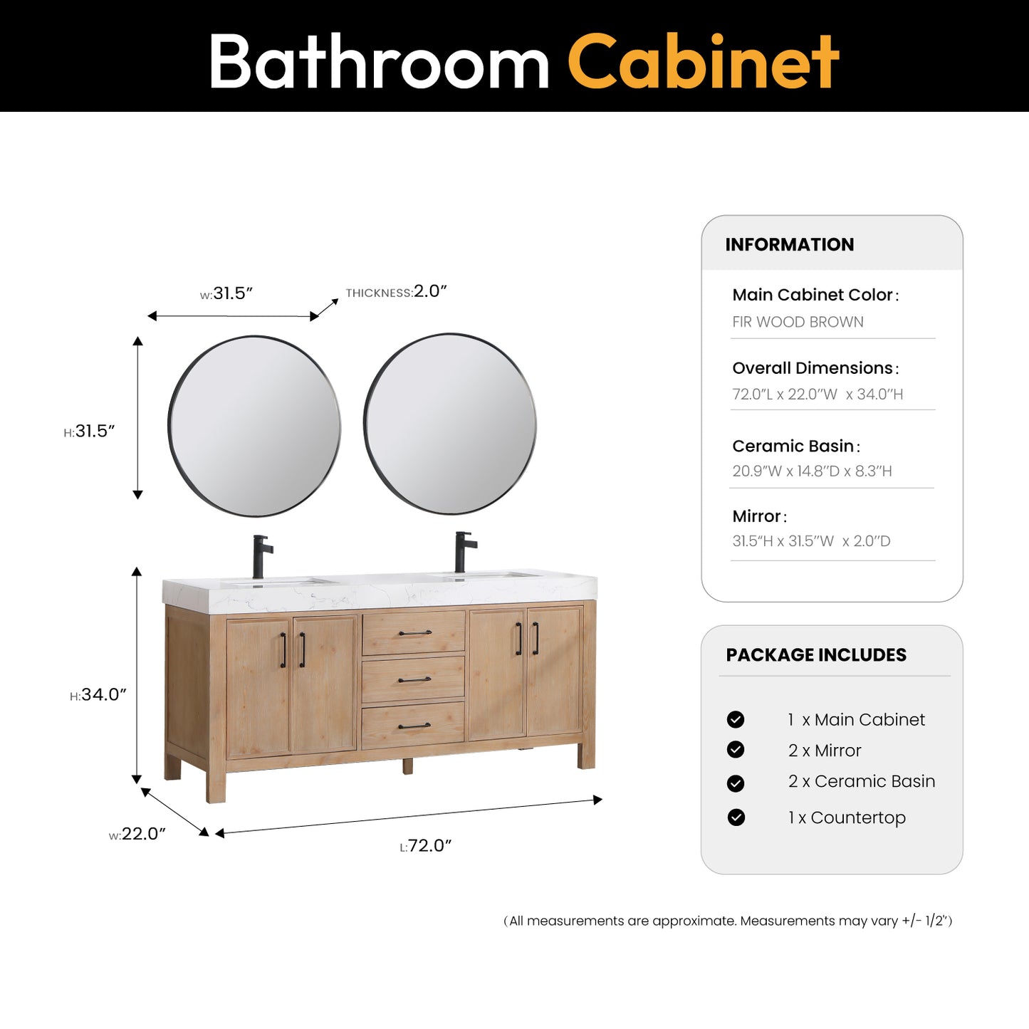 Vinnova, León 72in. Free-standing Double Bathroom Vanity in Fir Wood Brown with Composite top in Lightning White and Mirror