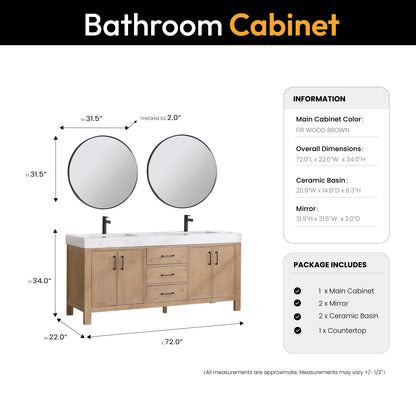 Vinnova, León 72in. Free-standing Double Bathroom Vanity in Fir Wood Brown with Composite top in Lightning White and Mirror