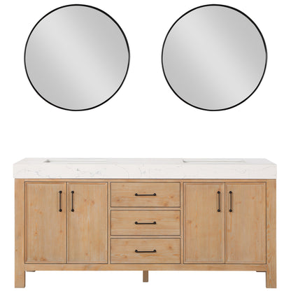Vinnova, León 72in. Free-standing Double Bathroom Vanity in Fir Wood Brown with Composite top in Lightning White and Mirror