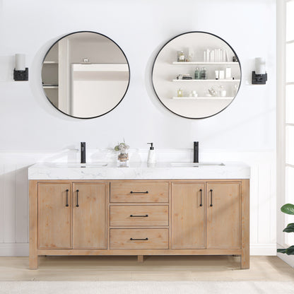 Vinnova, León 72in. Free-standing Double Bathroom Vanity in Fir Wood Brown with Composite top in Lightning White and Mirror