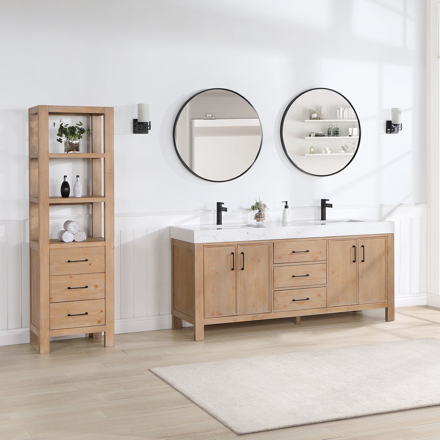 Vinnova, León 72in. Free-standing Double Bathroom Vanity in Fir Wood Brown with Composite top in Lightning White and Mirror
