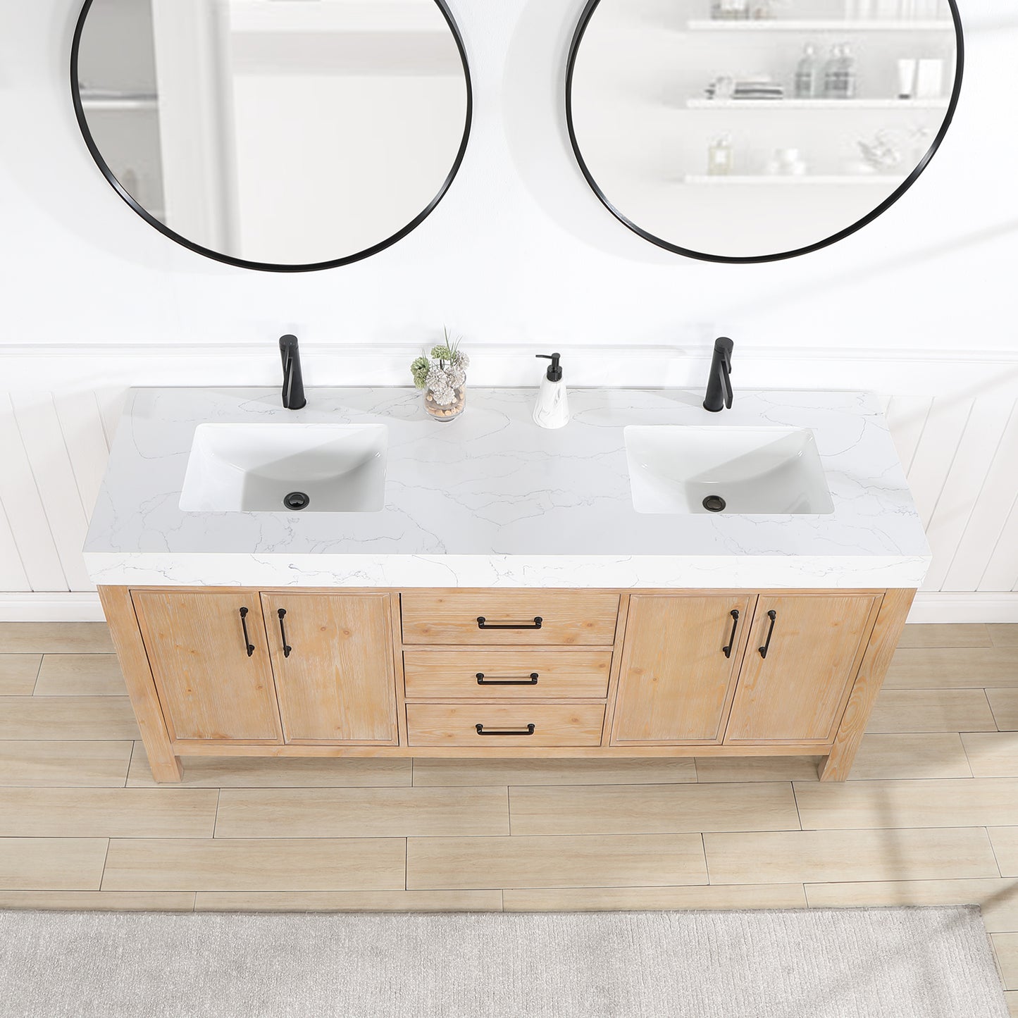 Vinnova, León 72in. Free-standing Double Bathroom Vanity in Fir Wood Brown with Composite top in Lightning White and Mirror