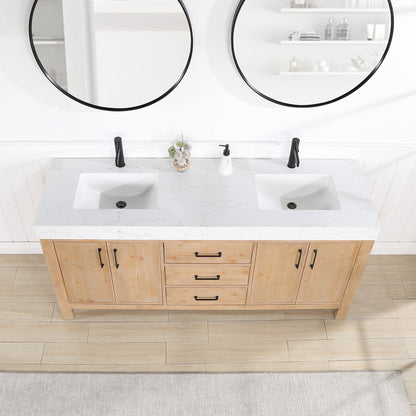 Vinnova, León 72in. Free-standing Double Bathroom Vanity in Fir Wood Brown with Composite top in Lightning White and Mirror