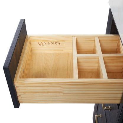 Open drawer of Vinnova, León 84in. Free-standing Double Bathroom Vanity in Fir Wood Black with Composite top in Lightning White