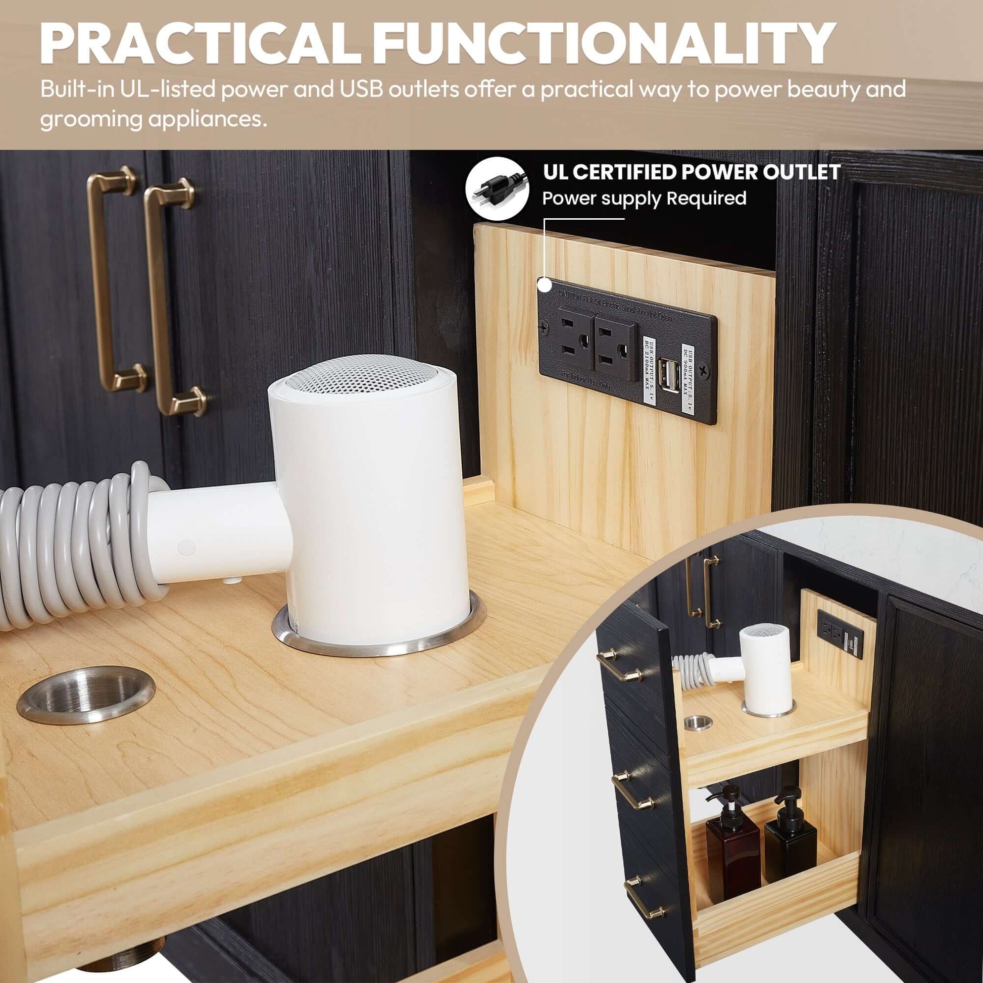 Close-up of built-in power outlet and storage in Vinnova, León 84in. Free-standing Double Bathroom Vanity in Fir Wood Black.