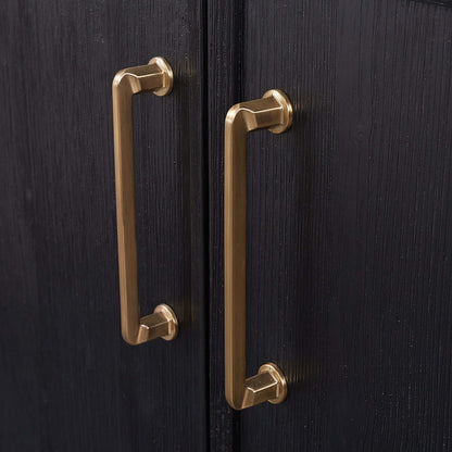 Close-up of handles on Vinnova, León 84in. Free-standing Double Bathroom Vanity in Fir Wood Black with Composite top in Lightning White