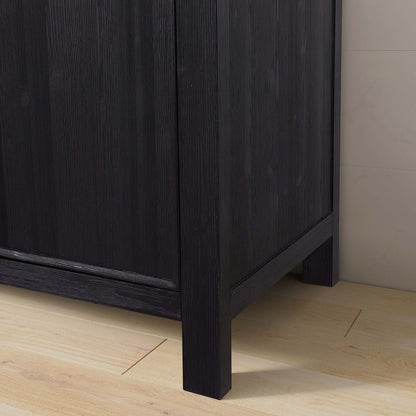 Close-up of Vinnova, León 84in. Free-standing Double Bathroom Vanity in Fir Wood Black with Composite top in Lightning White corner view.