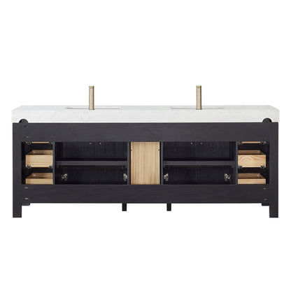 Vinnova, León 84in. Free-standing Double Bathroom Vanity in Fir Wood Black with Composite top in Lightning White