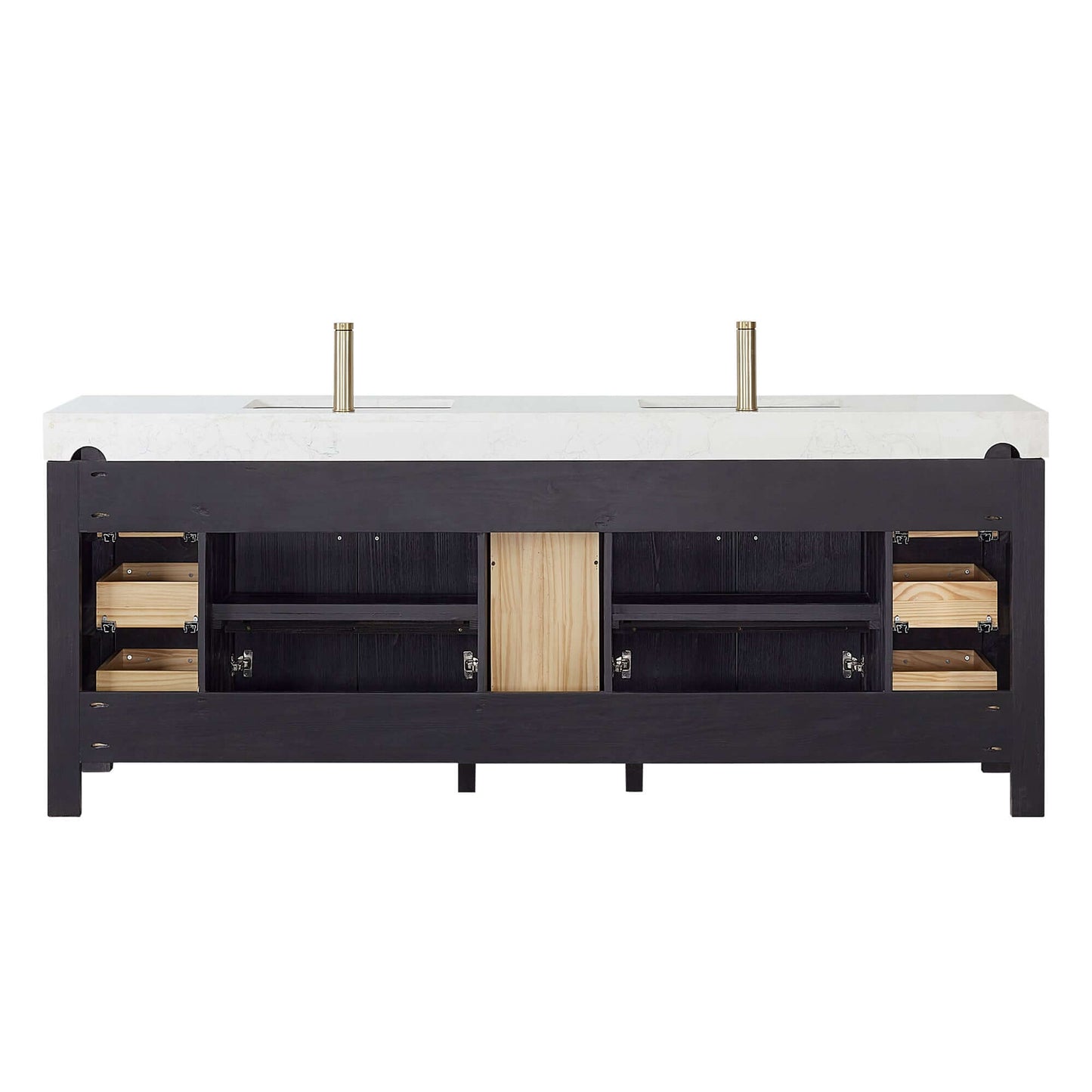 Vinnova, León 84in. Free-standing Double Bathroom Vanity in Fir Wood Black with Composite top in Lightning White open view