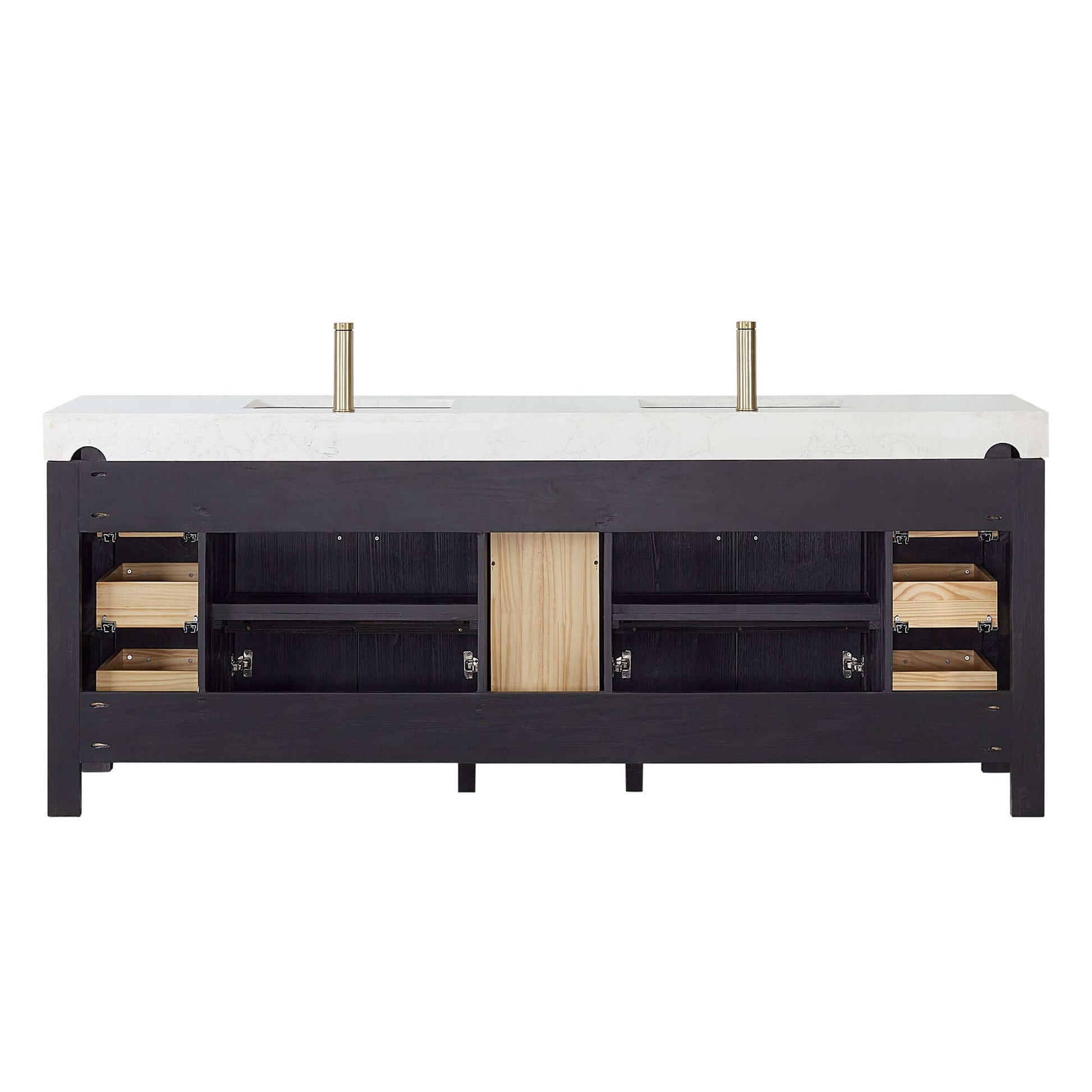 Vinnova, León 84in. Free-standing Double Bathroom Vanity in Fir Wood Black with Composite top in Lightning White open view
