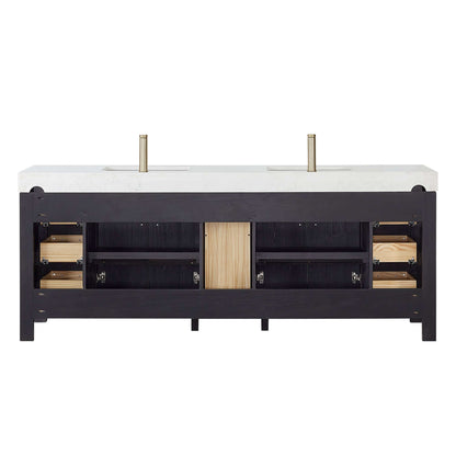 Vinnova, León 84in. Free-standing Double Bathroom Vanity in Fir Wood Black with Composite top in Lightning White open view