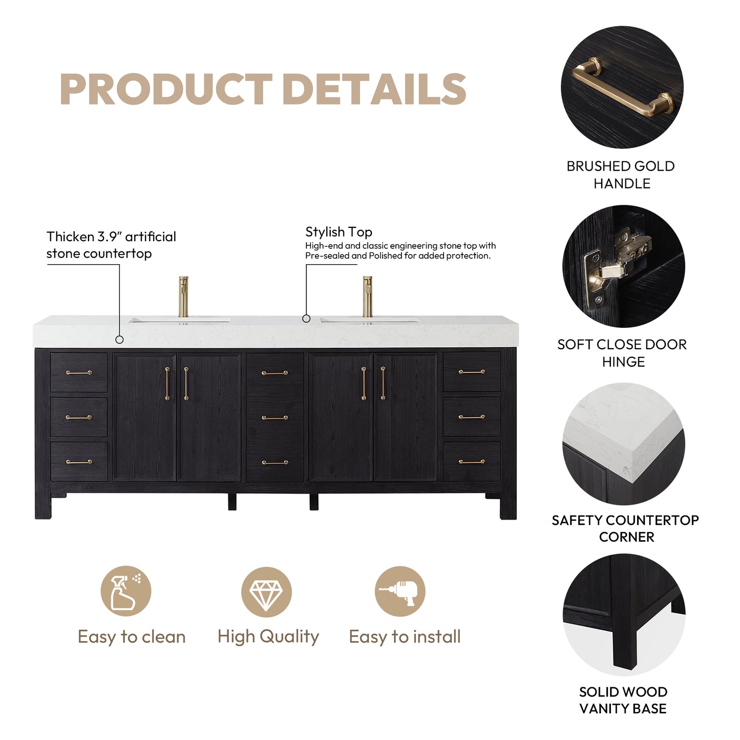 Vinnova, León 84in. Free-standing Double Bathroom Vanity in Fir Wood Black with Composite top in Lightning White