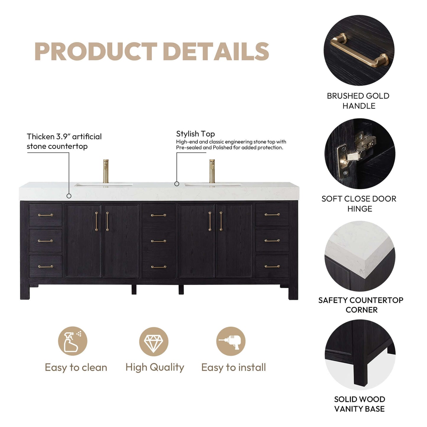 Vinnova, León 84in. Free-standing Double Bathroom Vanity in Fir Wood Black with Composite top in Lightning White product details