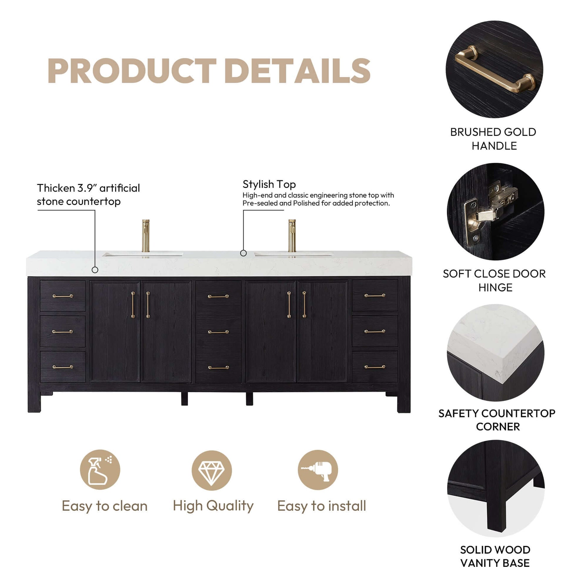 Vinnova, León 84in. Free-standing Double Bathroom Vanity in Fir Wood Black with Composite top in Lightning White product details