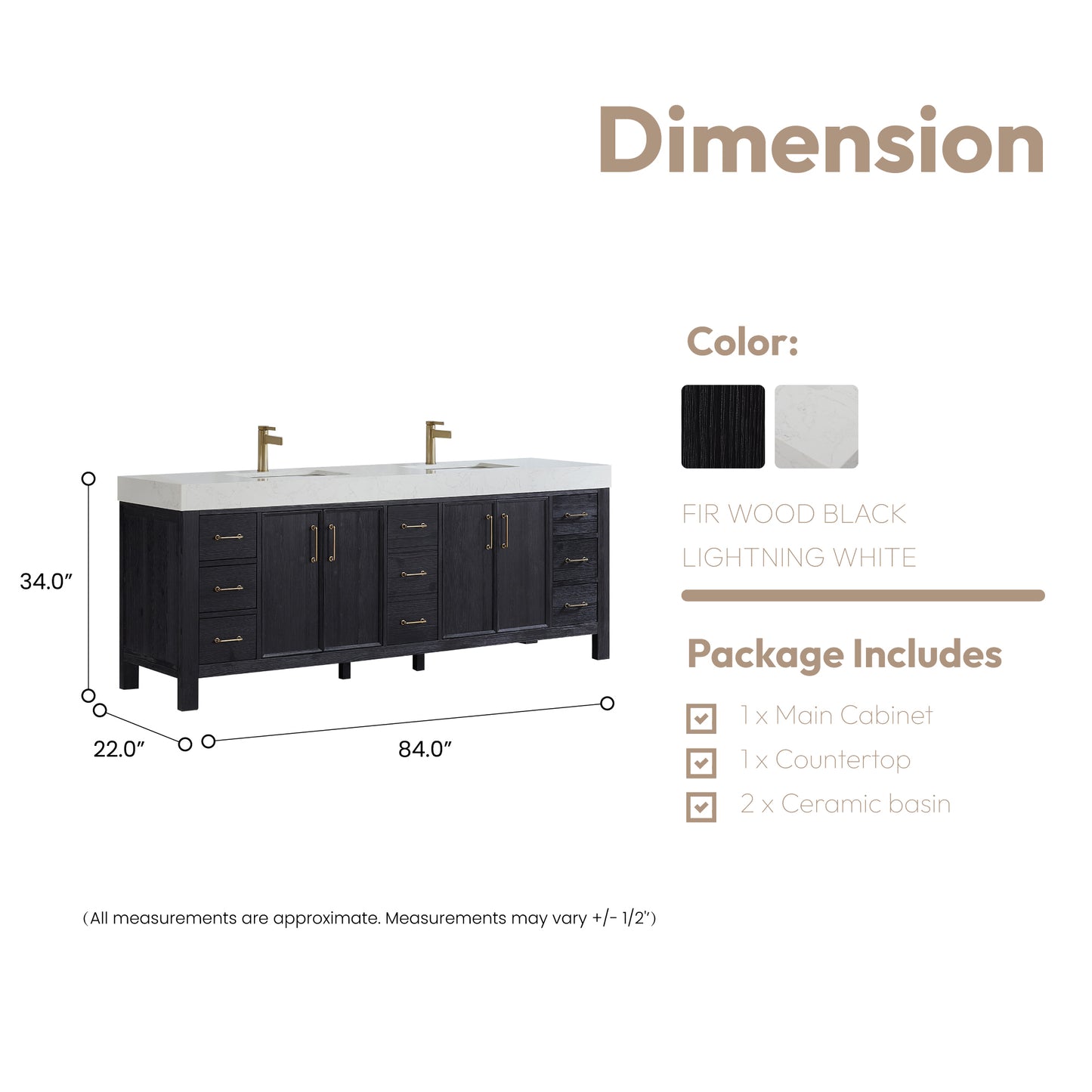 Vinnova, León 84in. Free-standing Double Bathroom Vanity in Fir Wood Black with Composite top in Lightning White