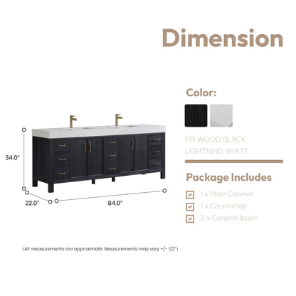 Vinnova, León 84in. Free-standing Double Bathroom Vanity in Fir Wood Black with Composite top in Lightning White