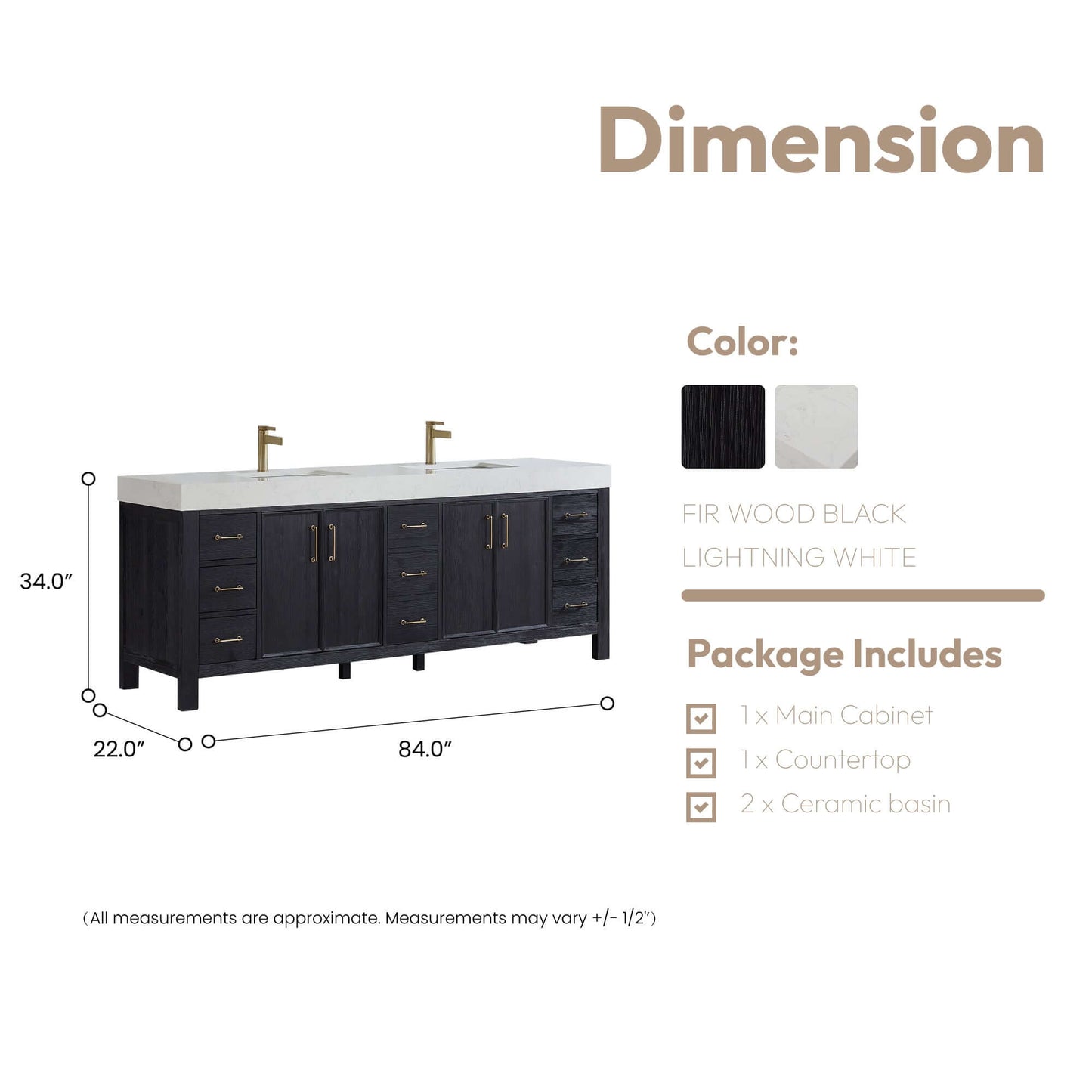 Vinnova, León 84in. Free-standing Double Bathroom Vanity in Fir Wood Black with Composite top in Lightning White, dimensions and package details