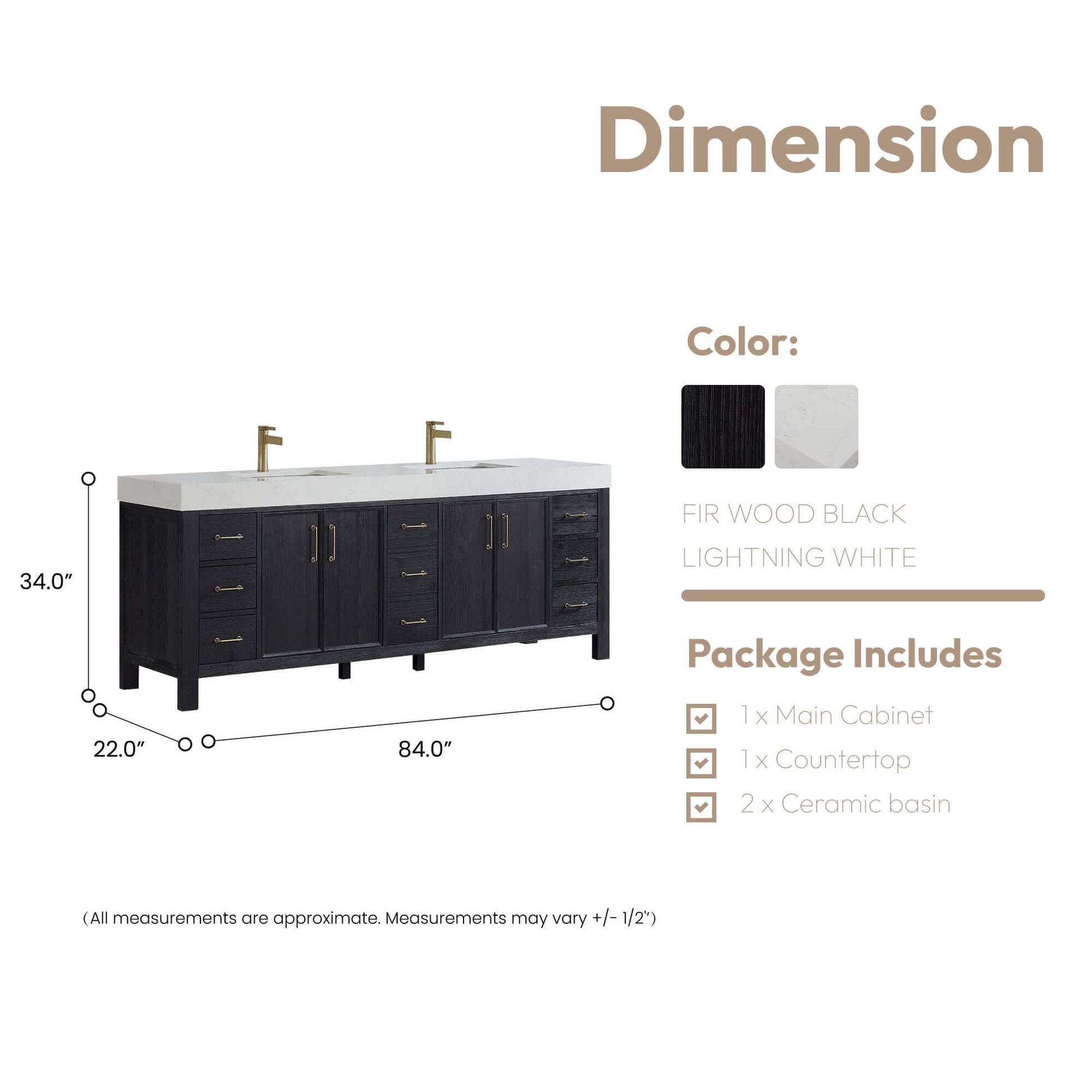 Vinnova, León 84in. Free-standing Double Bathroom Vanity in Fir Wood Black with Composite top in Lightning White, dimensions and package details