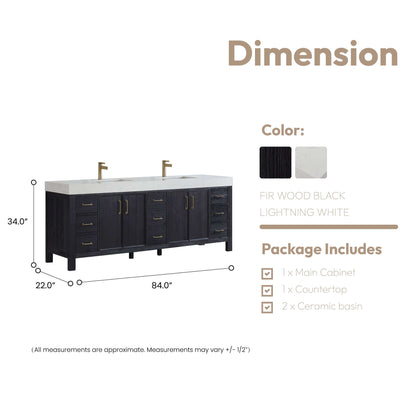 Vinnova, León 84in. Free-standing Double Bathroom Vanity in Fir Wood Black with Composite top in Lightning White, dimensions and package details