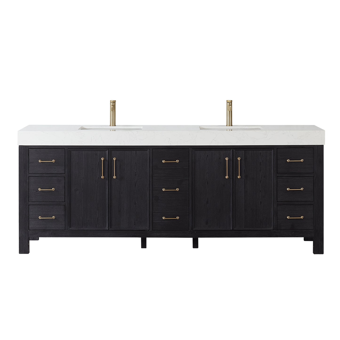 Vinnova, León 84in. Free-standing Double Bathroom Vanity in Fir Wood Black with Composite top in Lightning White