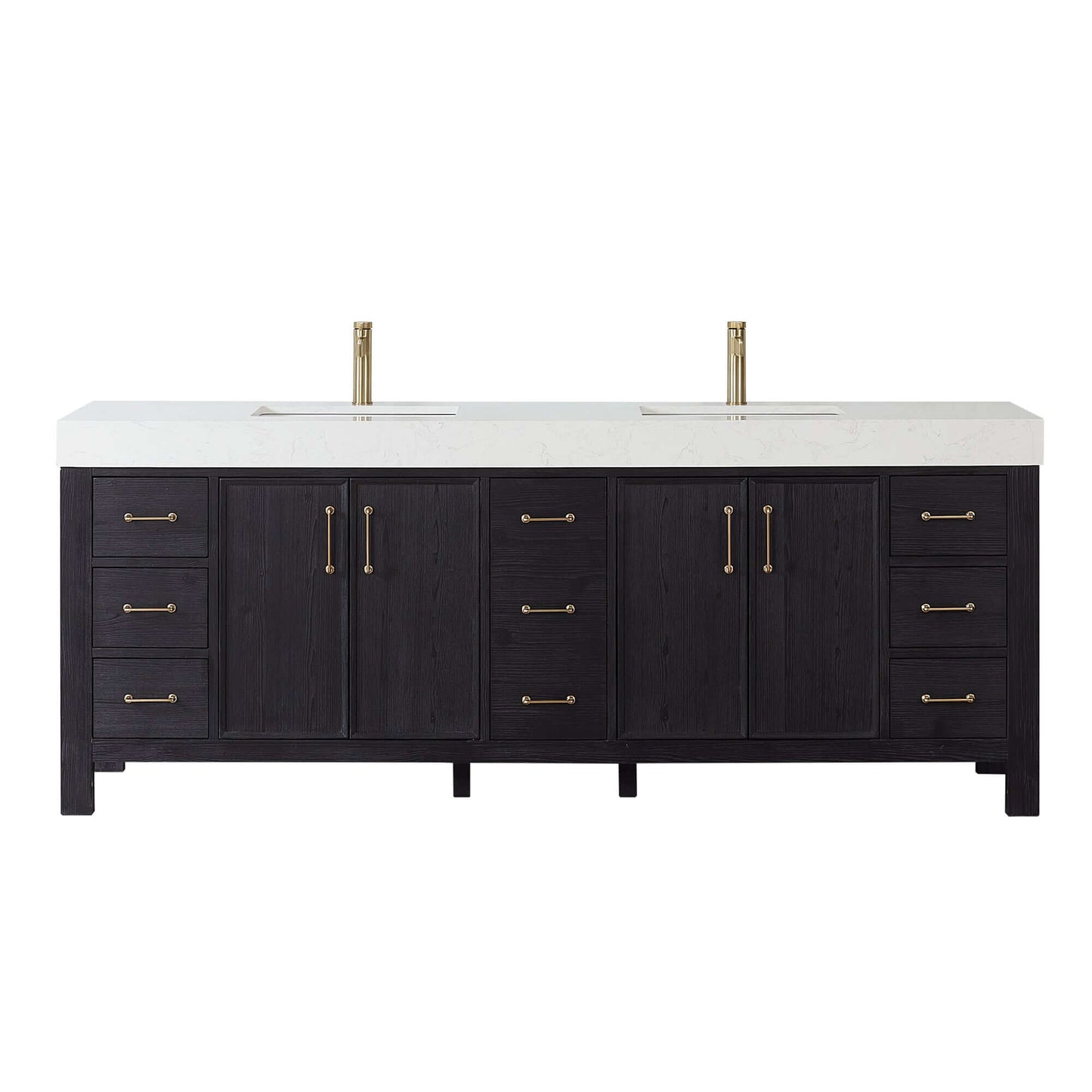 Vinnova, León 84in. Free-standing Double Bathroom Vanity in Fir Wood Black with Composite top in Lightning White