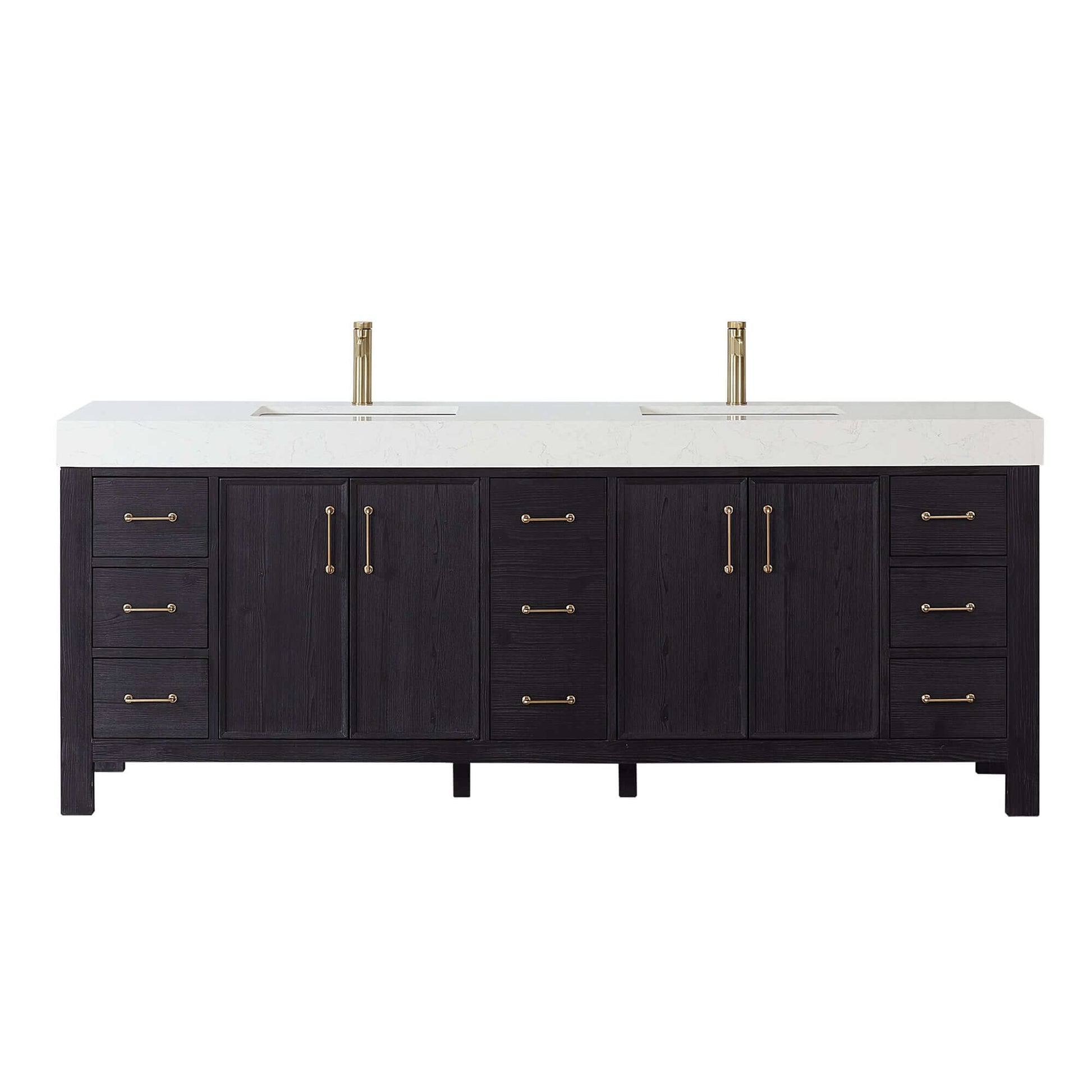 Vinnova, León 84in. Free-standing Double Bathroom Vanity in Fir Wood Black with Composite top in Lightning White