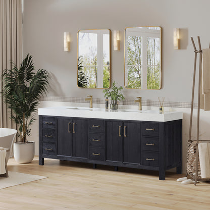 Vinnova, León 84in. Free-standing Double Bathroom Vanity in Fir Wood Black with Composite top in Lightning White