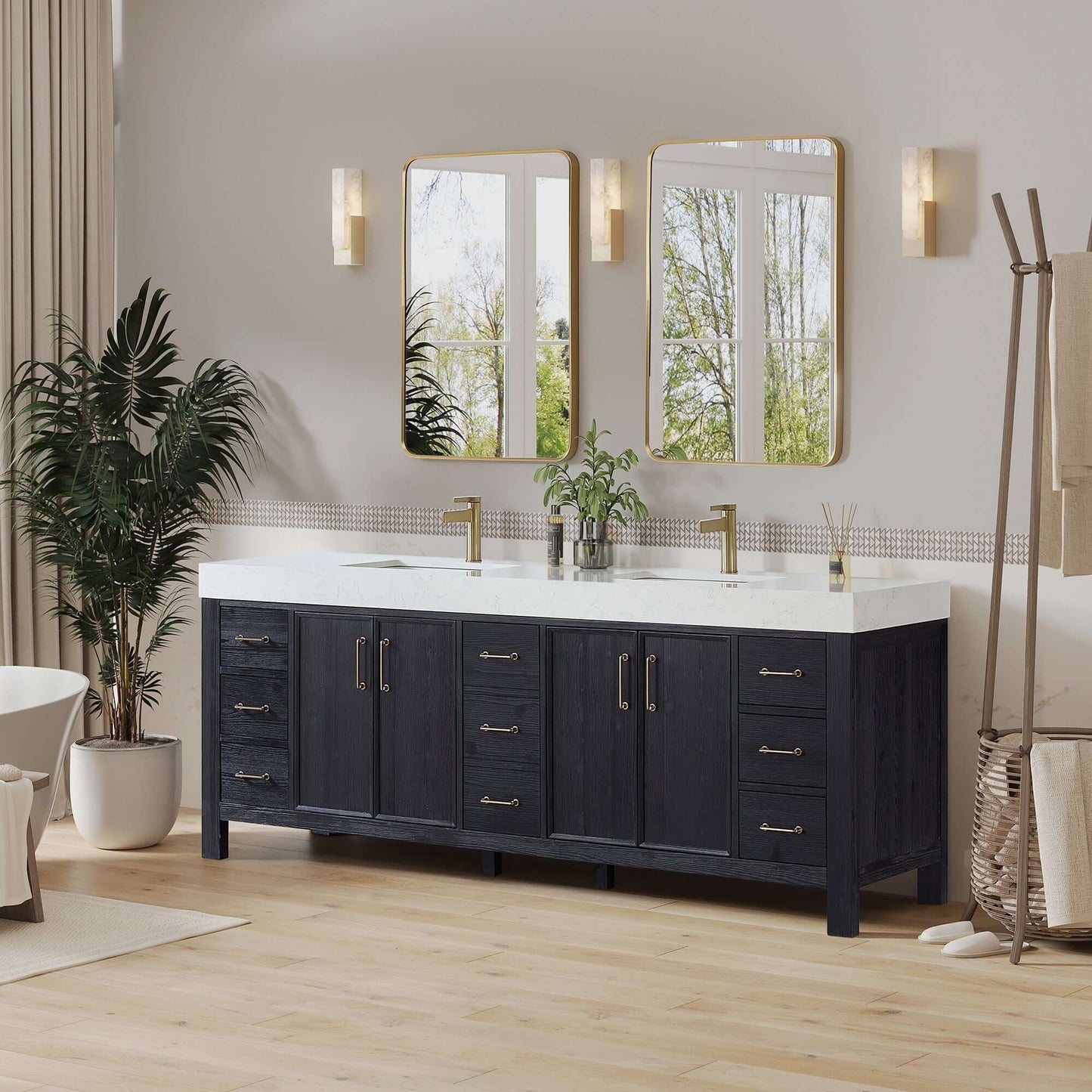 Vinnova, León 84in. Free-standing Double Bathroom Vanity in Fir Wood Black with Composite top in Lightning White