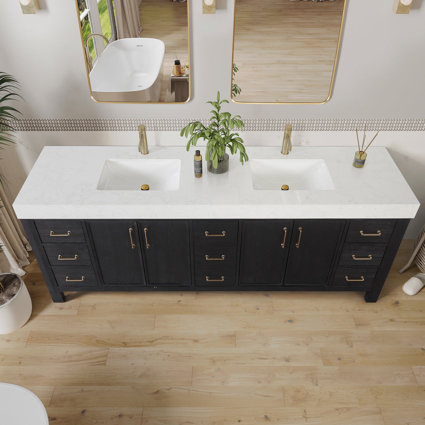 Vinnova, León 84in. Free-standing Double Bathroom Vanity in Fir Wood Black with Composite top in Lightning White