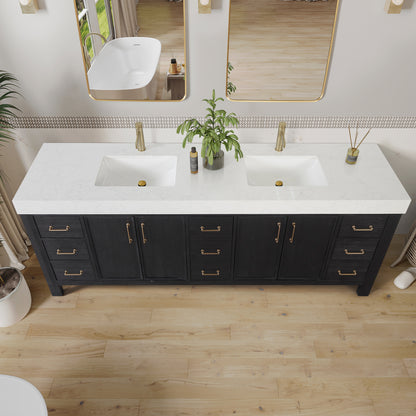 Vinnova, León 84in. Free-standing Double Bathroom Vanity in Fir Wood Black with Composite top in Lightning White