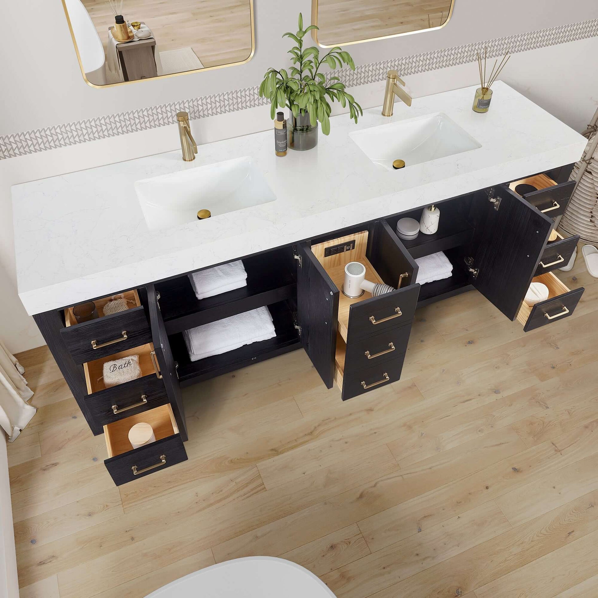 Vinnova, León 84in. Free-standing Double Bathroom Vanity in Fir Wood Black with Composite top in Lightning White