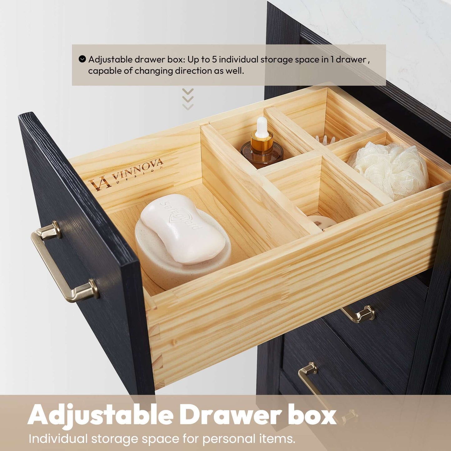 Adjustable drawer box of Vinnova, León 84in. Free-standing Double Bathroom Vanity in Fir Wood Black.