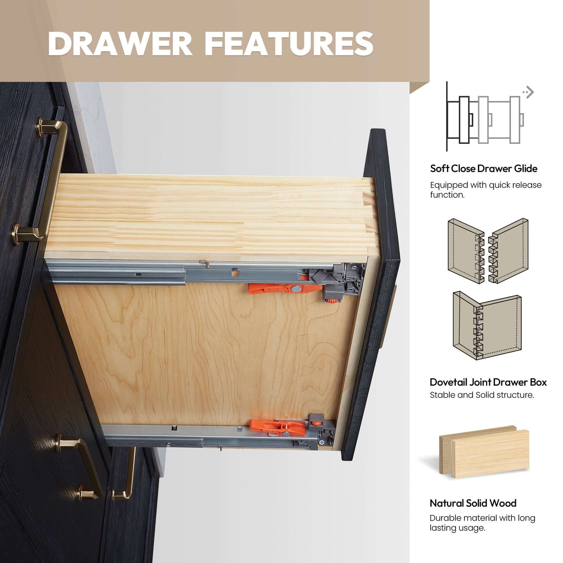 Drawer features of Vinnova, León 84in. Free-standing Double Bathroom Vanity in Fir Wood Black with Composite top in Lightning White