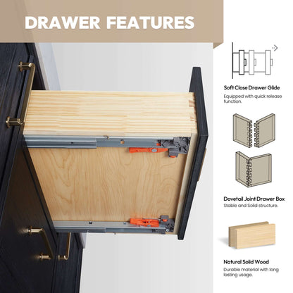 Drawer features of Vinnova, León 84in. Free-standing Double Bathroom Vanity in Fir Wood Black with Composite top in Lightning White