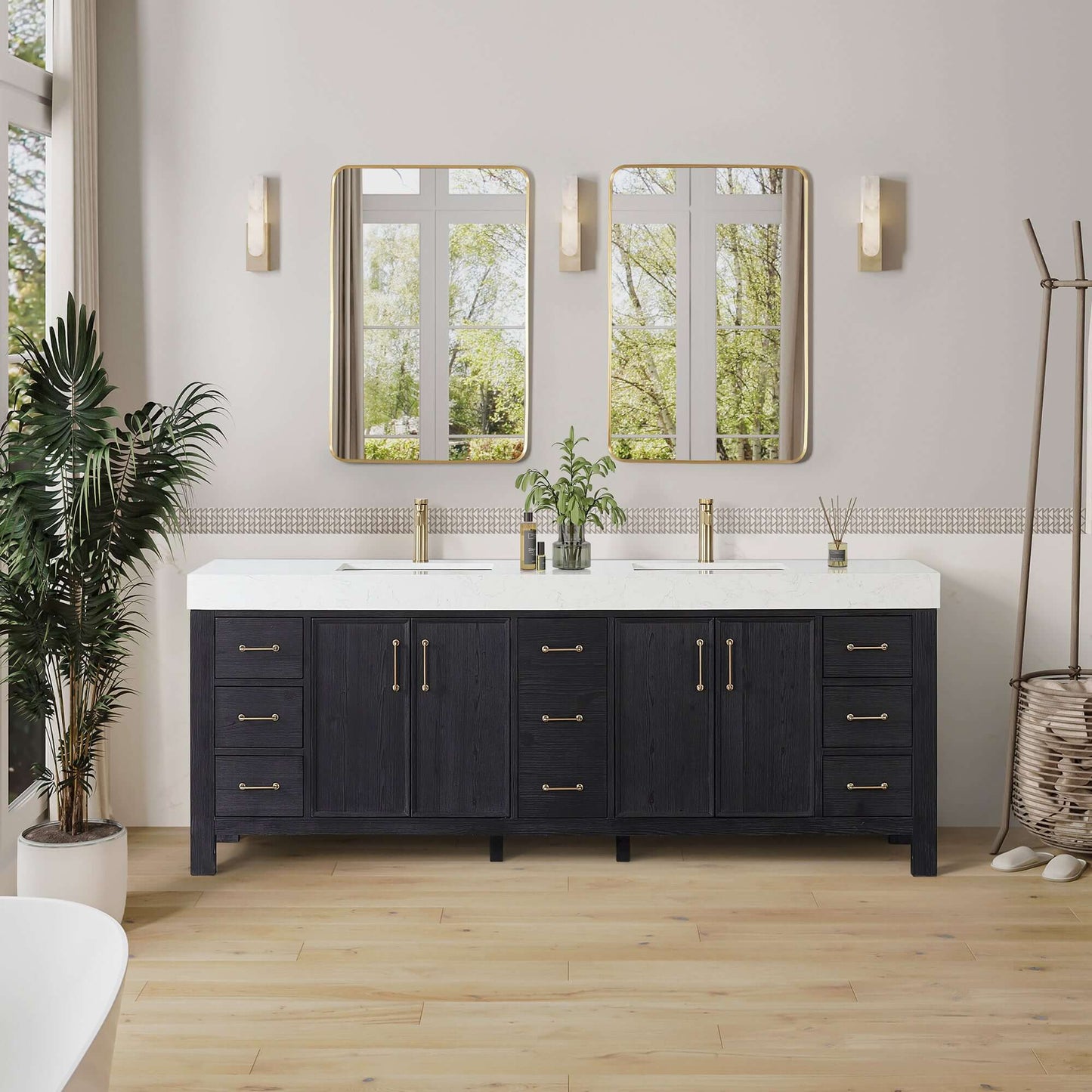 Vinnova, León 84in. Free-standing Double Bathroom Vanity in Fir Wood Black with Composite top in Lightning White and Mirror displayed.