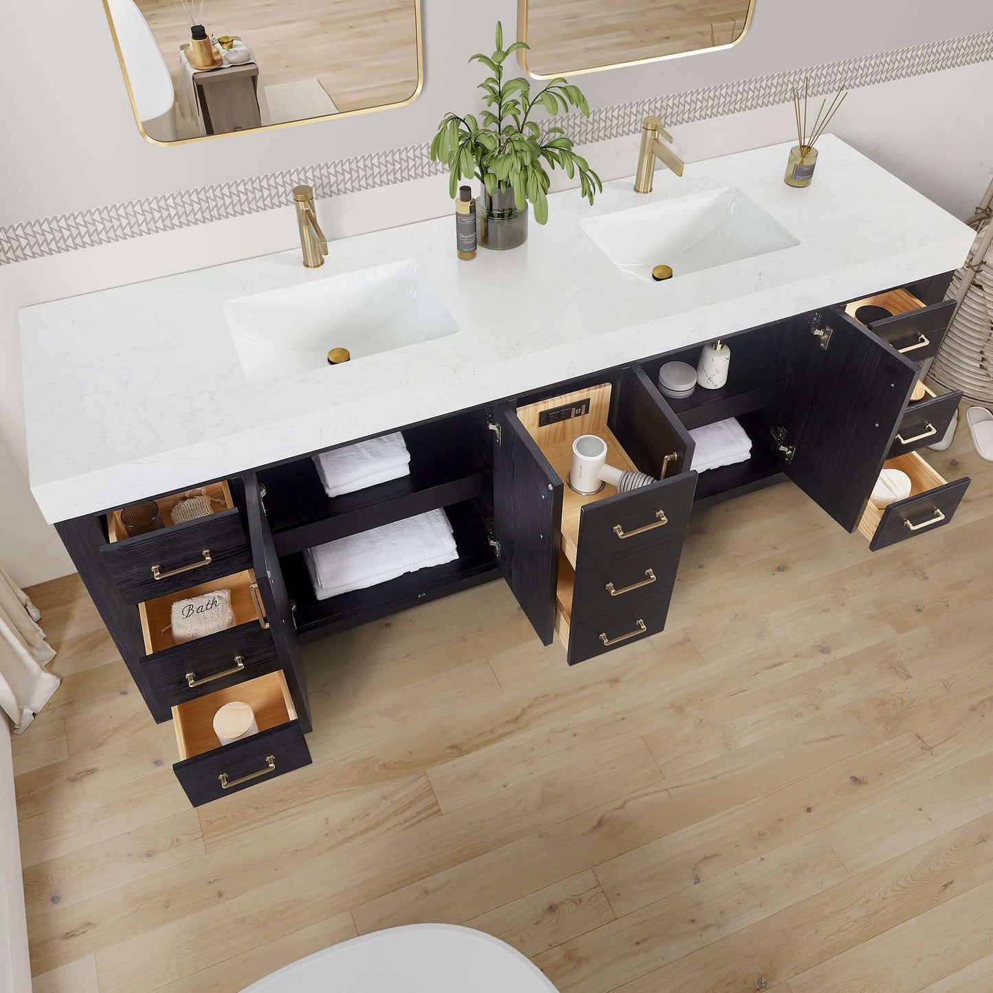 Vinnova, León 84in. Free-standing Double Bathroom Vanity in Fir Wood Black with Composite top in Lightning White and Mirror
