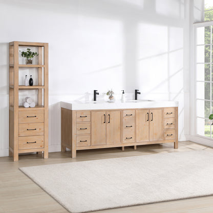 Vinnova, León 84in. Free-standing Double Bathroom Vanity in Fir Wood Brown with Composite top in Lightning White